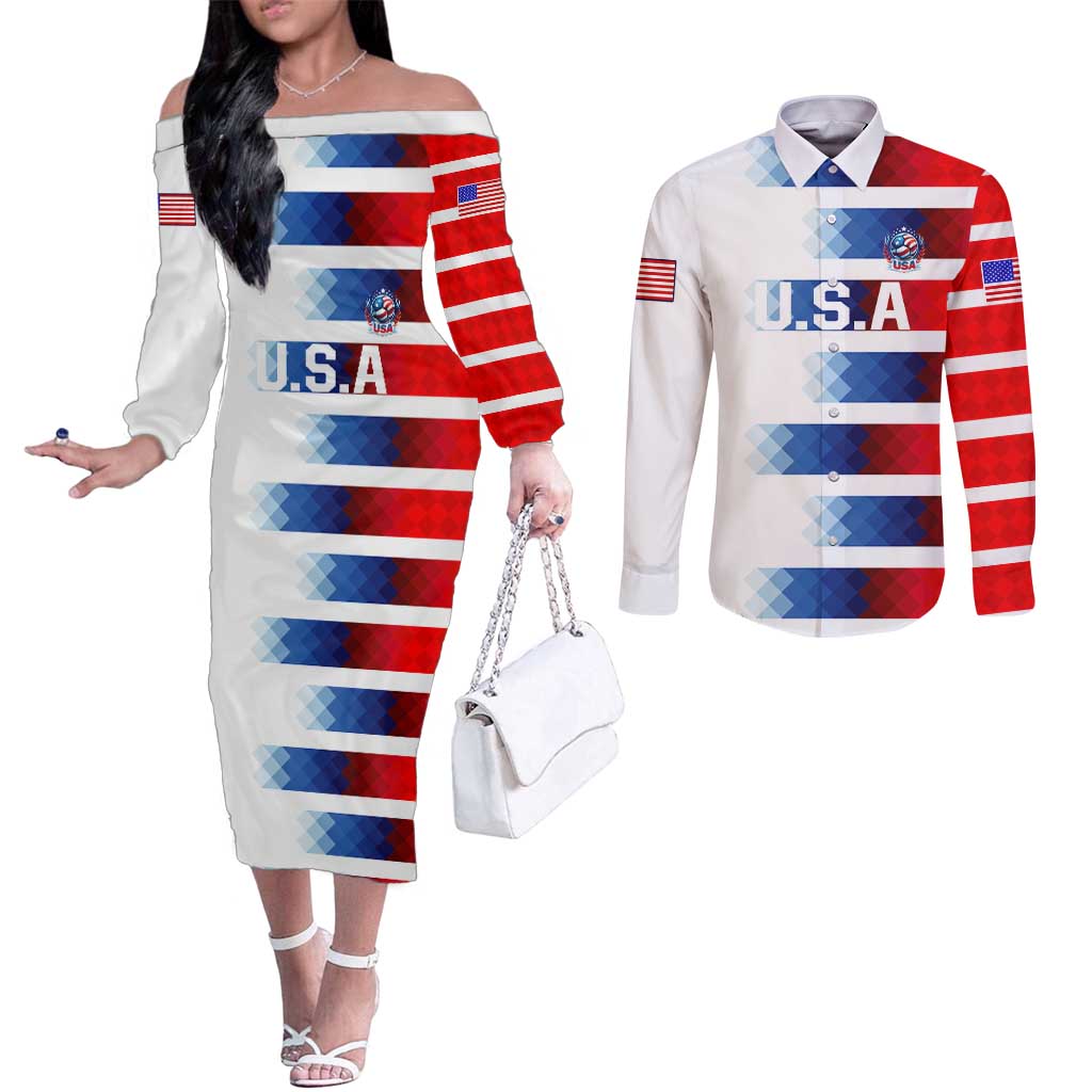 USA Soccer Couples Matching Off The Shoulder Long Sleeve Dress and Long Sleeve Button Shirt Summer Paris 2024