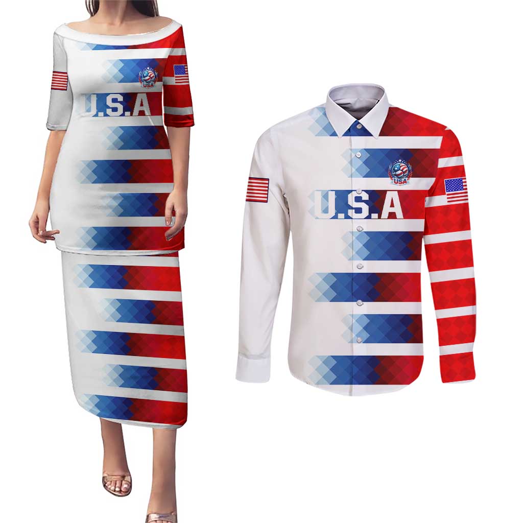 USA Soccer Couples Matching Puletasi and Long Sleeve Button Shirt Summer Paris 2024 - Wonder Print Shop