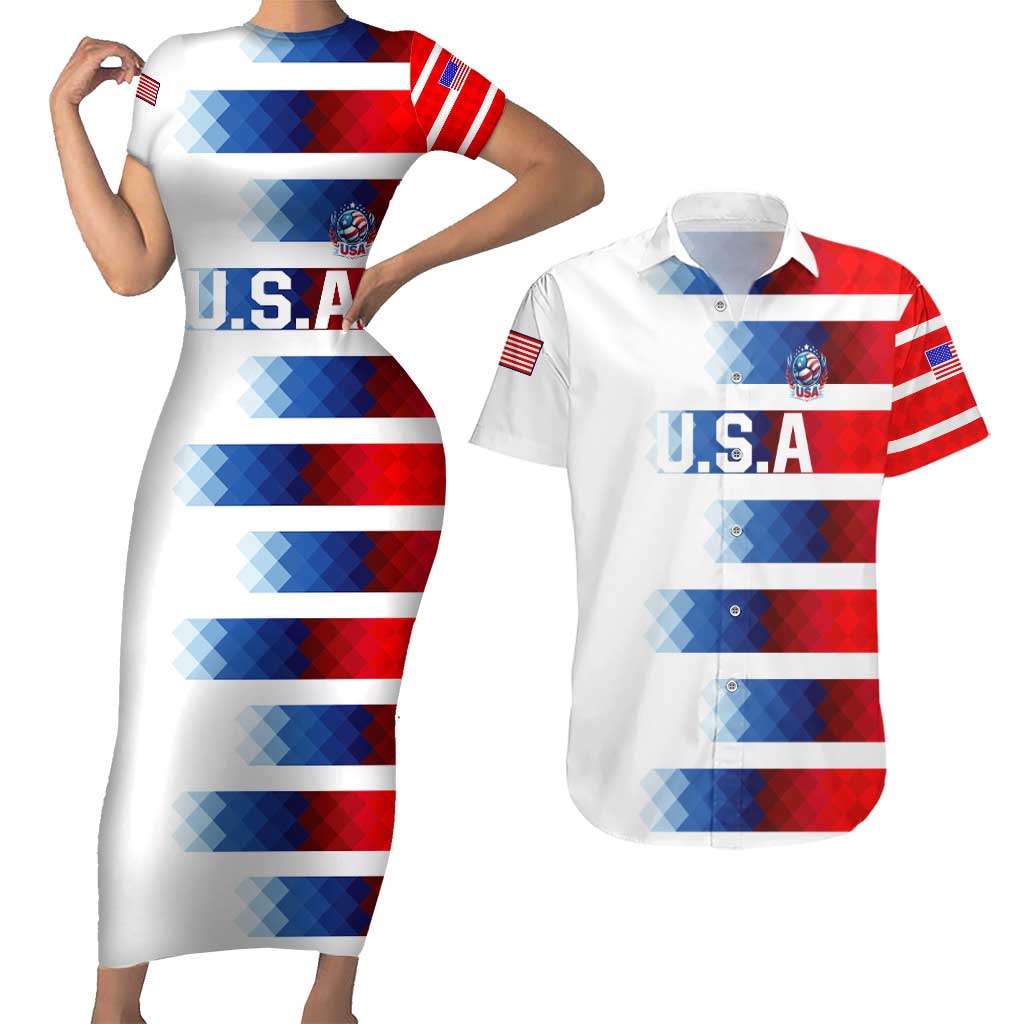 USA Soccer Couples Matching Short Sleeve Bodycon Dress and Hawaiian Shirt Summer Paris 2024 - Wonder Print Shop