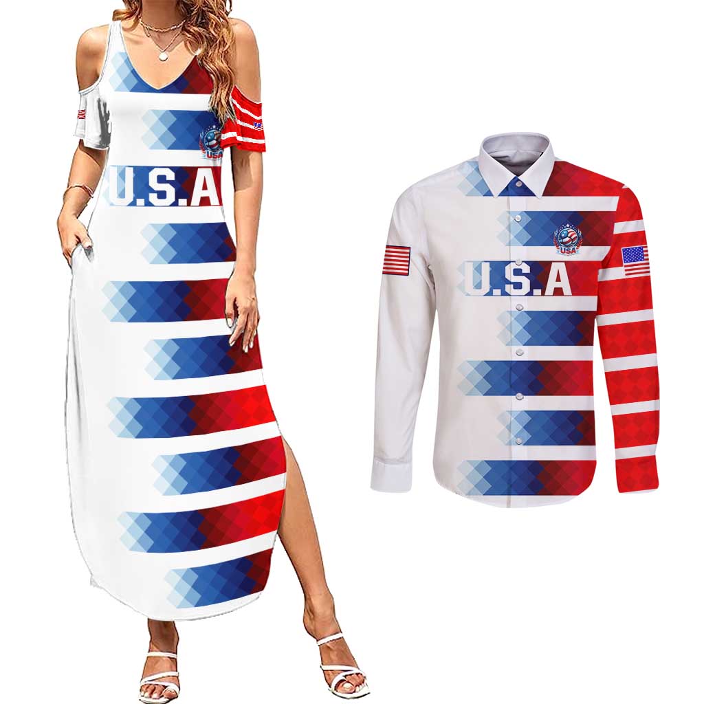 USA Soccer Couples Matching Summer Maxi Dress and Long Sleeve Button Shirt Summer Paris 2024 - Wonder Print Shop