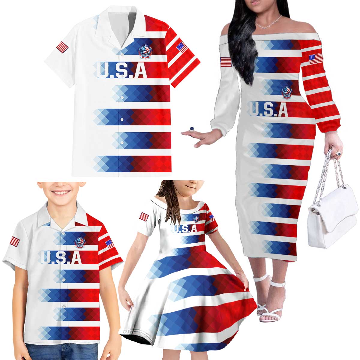 USA Soccer Family Matching Off The Shoulder Long Sleeve Dress and Hawaiian Shirt Summer Paris 2024 - Wonder Print Shop