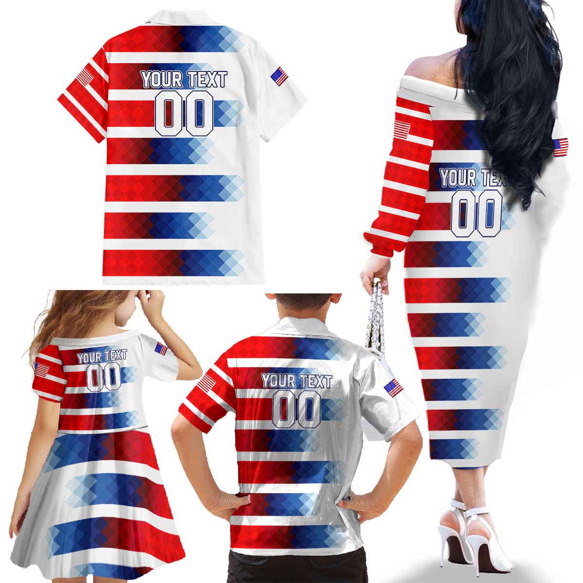 USA Soccer Family Matching Off The Shoulder Long Sleeve Dress and Hawaiian Shirt Summer Paris 2024 - Wonder Print Shop