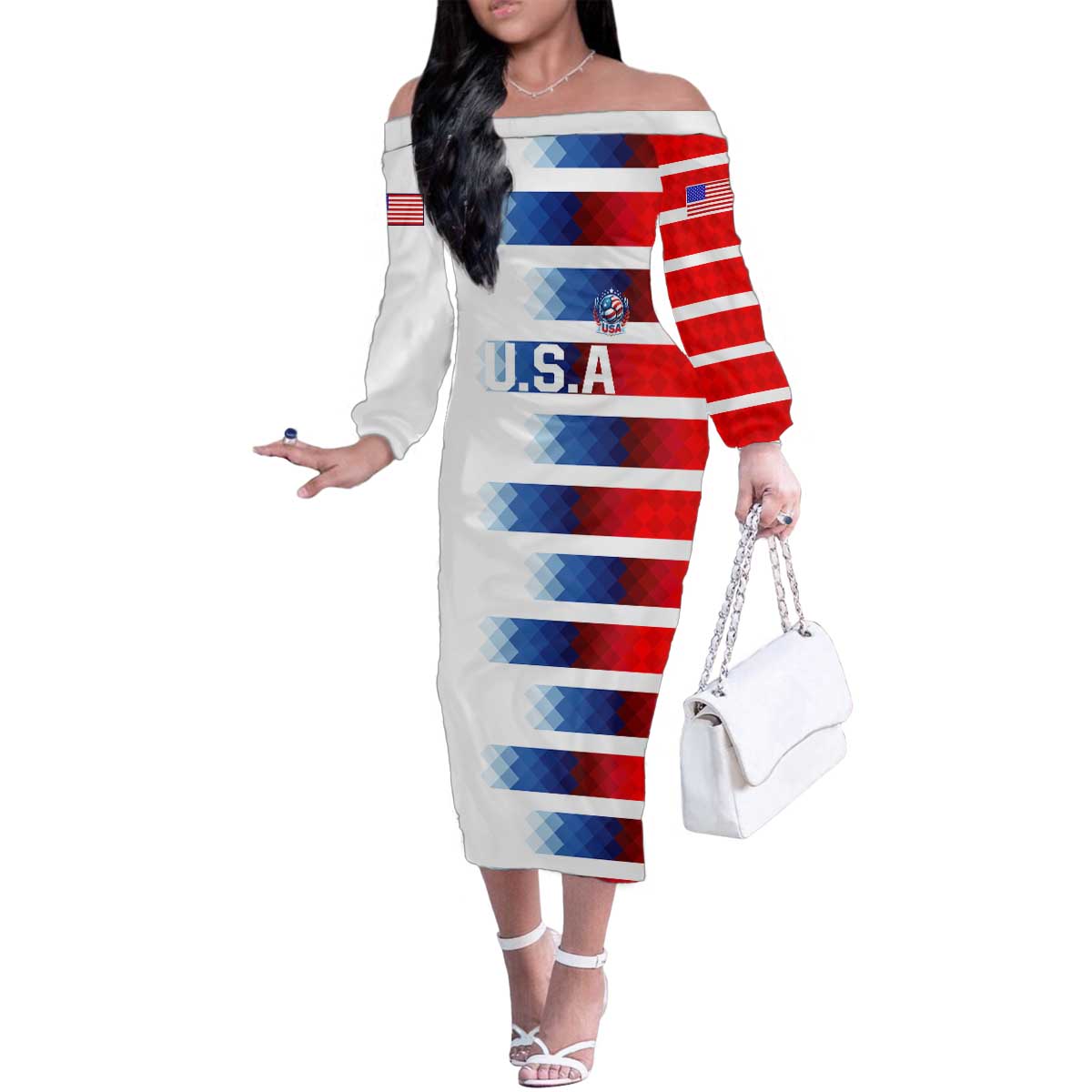 USA Soccer Family Matching Off The Shoulder Long Sleeve Dress and Hawaiian Shirt Summer Paris 2024 - Wonder Print Shop