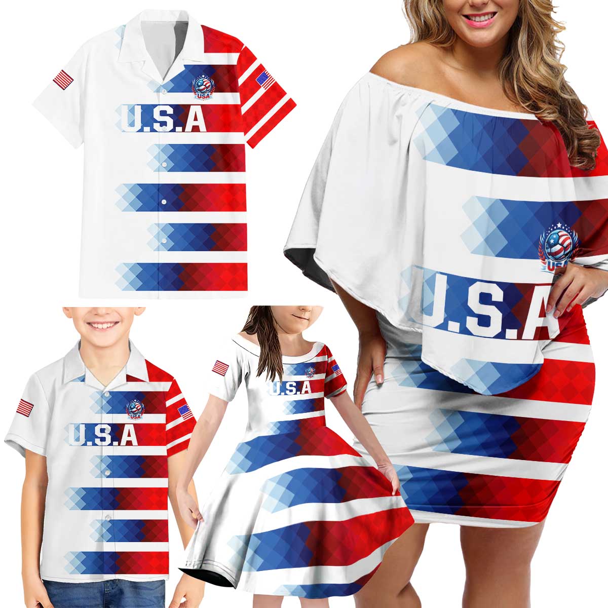 USA Soccer Family Matching Off Shoulder Short Dress and Hawaiian Shirt Summer Paris 2024 - Wonder Print Shop