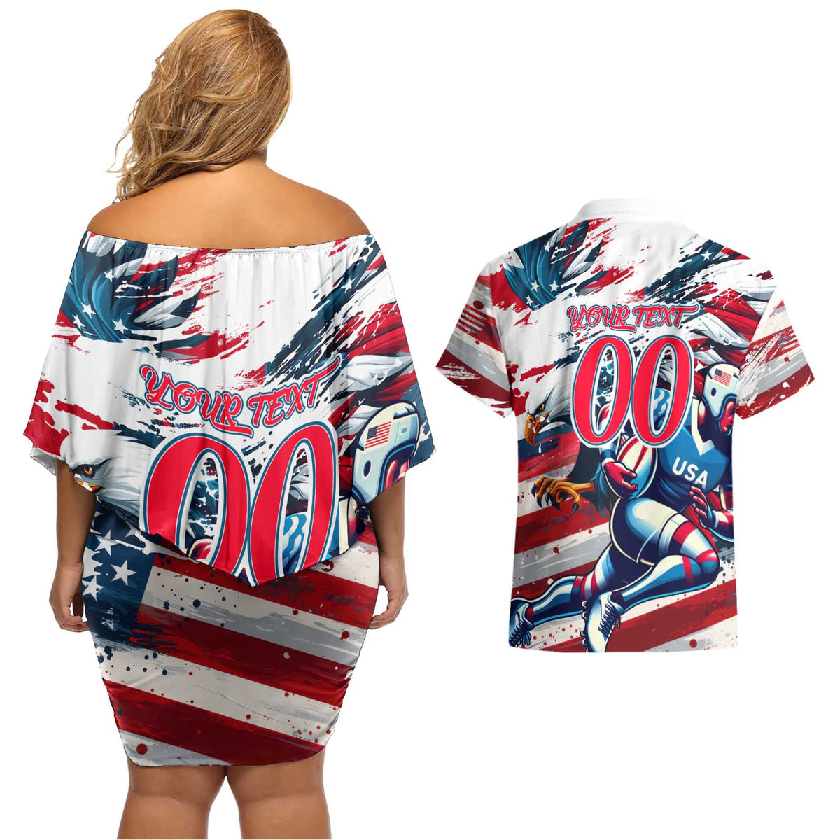 USA Rugby Couples Matching Off Shoulder Short Dress and Hawaiian Shirt Summer Paris 2024 - Wonder Print Shop