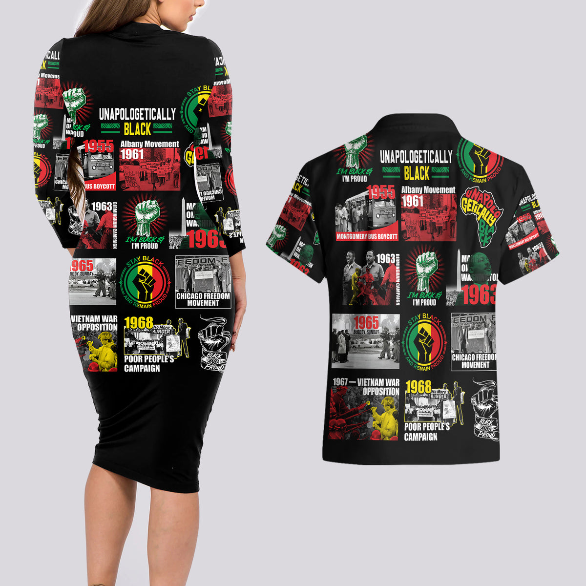 Civil Rights Movement Couples Matching Long Sleeve Bodycon Dress and Hawaiian Shirt Poster Art Black Pride - Wonder Print Shop