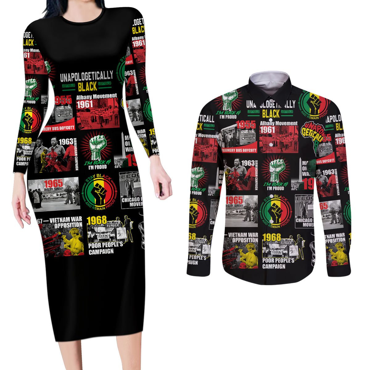 Civil Rights Movement Couples Matching Long Sleeve Bodycon Dress and Long Sleeve Button Shirts Poster Art Black Pride - Wonder Print Shop