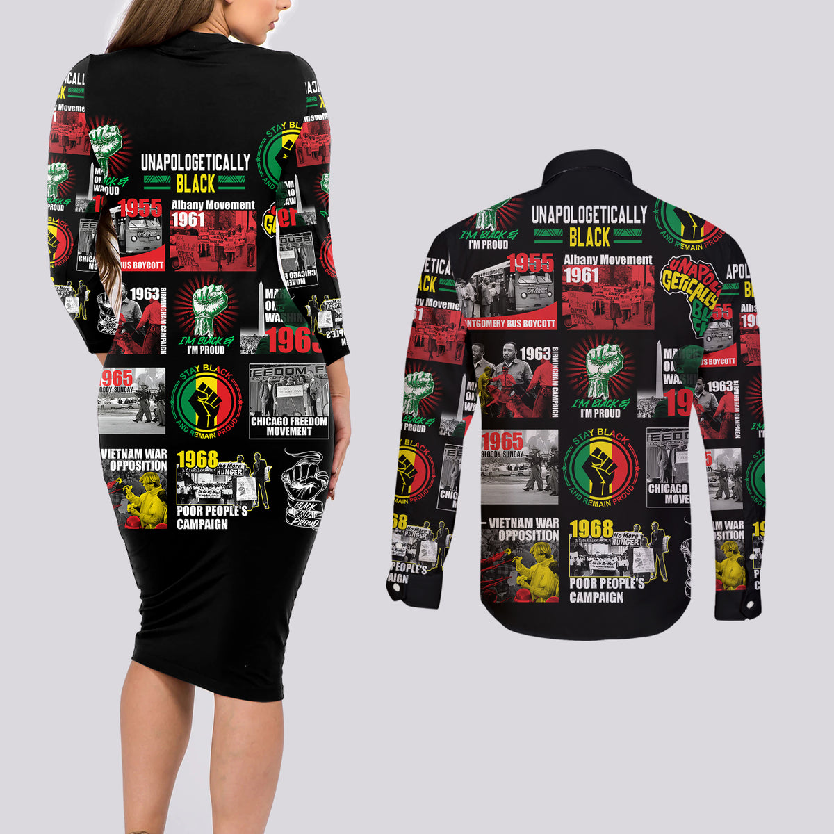 Civil Rights Movement Couples Matching Long Sleeve Bodycon Dress and Long Sleeve Button Shirts Poster Art Black Pride - Wonder Print Shop