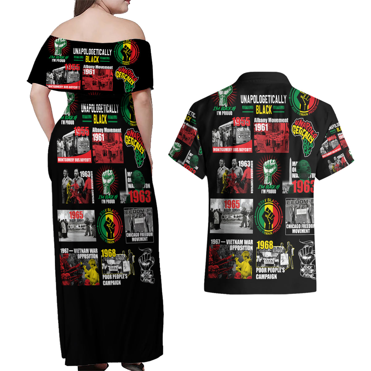 Civil Rights Movement Couples Matching Off Shoulder Maxi Dress and Hawaiian Shirt Poster Art Black Pride - Wonder Print Shop