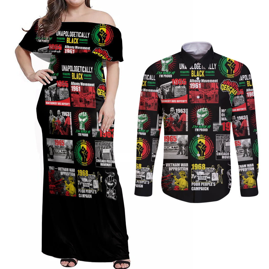 Civil Rights Movement Couples Matching Off Shoulder Maxi Dress and Long Sleeve Button Shirts Poster Art Black Pride - Wonder Print Shop