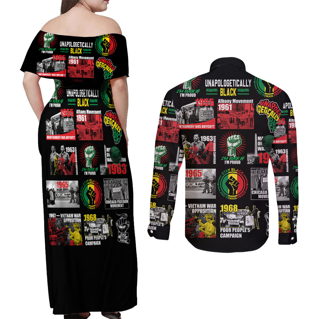 Civil Rights Movement Couples Matching Off Shoulder Maxi Dress and Long Sleeve Button Shirts Poster Art Black Pride - Wonder Print Shop