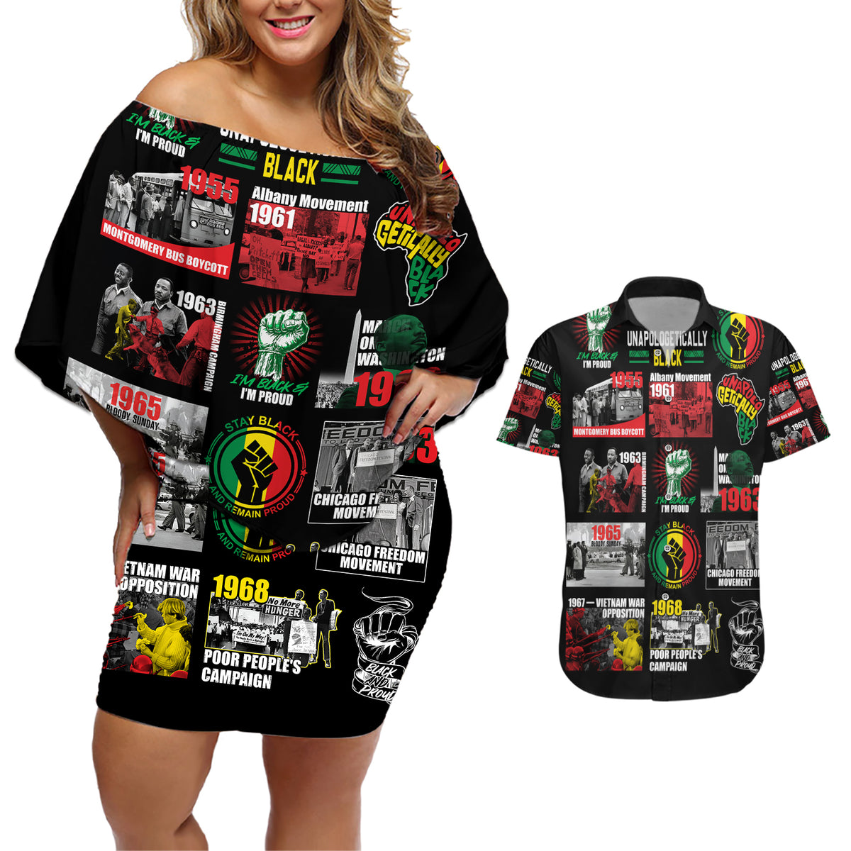 Civil Rights Movement Couples Matching Off Shoulder Short Dress and Hawaiian Shirt Poster Art Black Pride - Wonder Print Shop