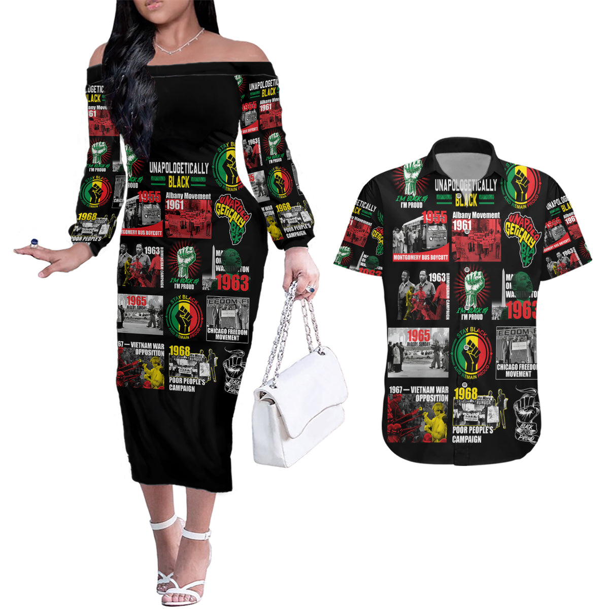 Civil Rights Movement Couples Matching Off The Shoulder Long Sleeve Dress and Hawaiian Shirt Poster Art Black Pride - Wonder Print Shop