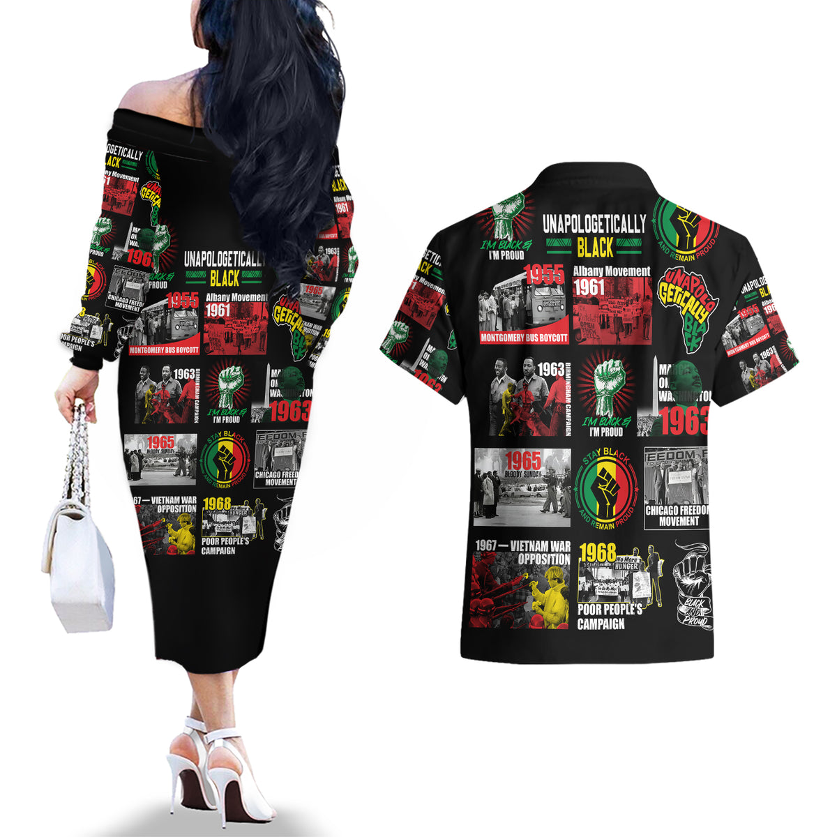 Civil Rights Movement Couples Matching Off The Shoulder Long Sleeve Dress and Hawaiian Shirt Poster Art Black Pride - Wonder Print Shop
