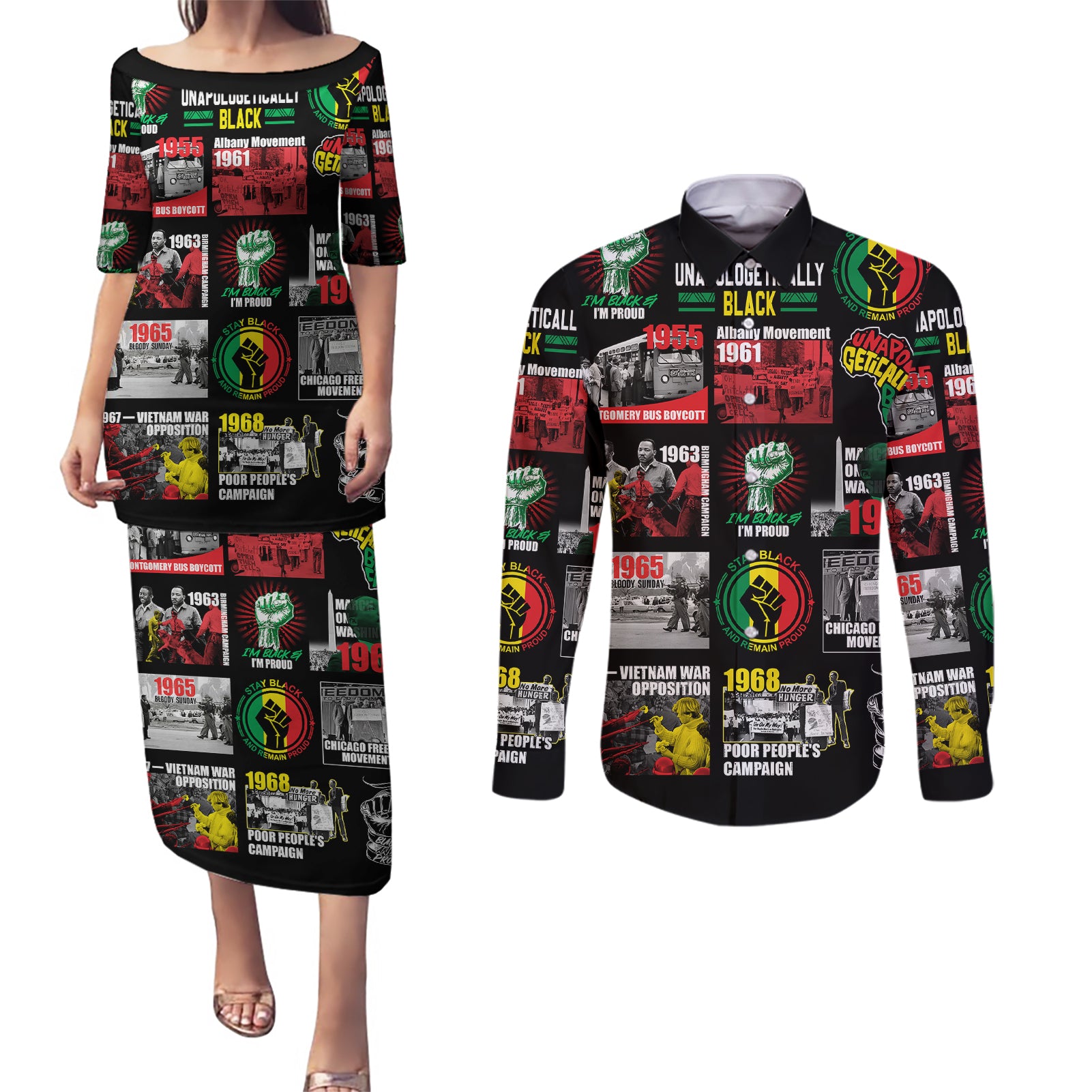 Civil Rights Movement Couples Matching Puletasi Dress and Long Sleeve Button Shirts Poster Art Black Pride - Wonder Print Shop