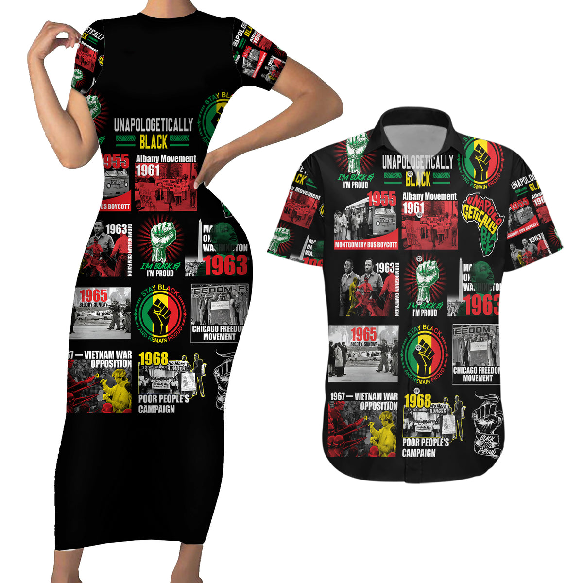 Civil Rights Movement Couples Matching Short Sleeve Bodycon Dress and Hawaiian Shirt Poster Art Black Pride - Wonder Print Shop
