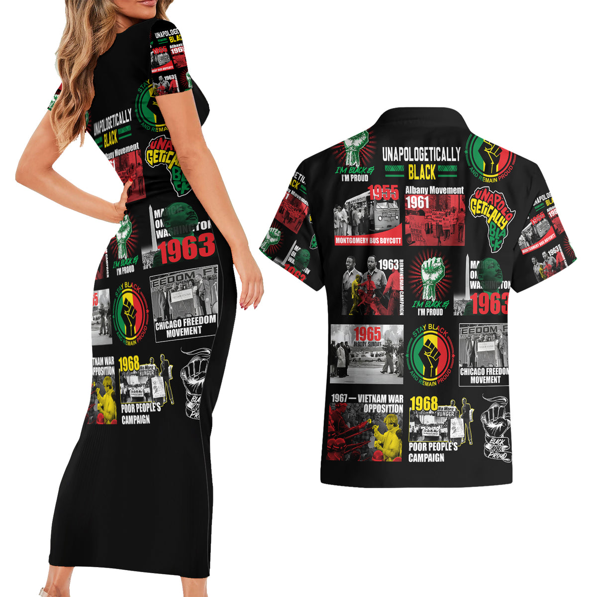 Civil Rights Movement Couples Matching Short Sleeve Bodycon Dress and Hawaiian Shirt Poster Art Black Pride - Wonder Print Shop