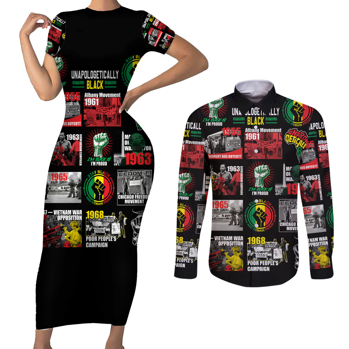 Civil Rights Movement Couples Matching Short Sleeve Bodycon Dress and Long Sleeve Button Shirts Poster Art Black Pride - Wonder Print Shop