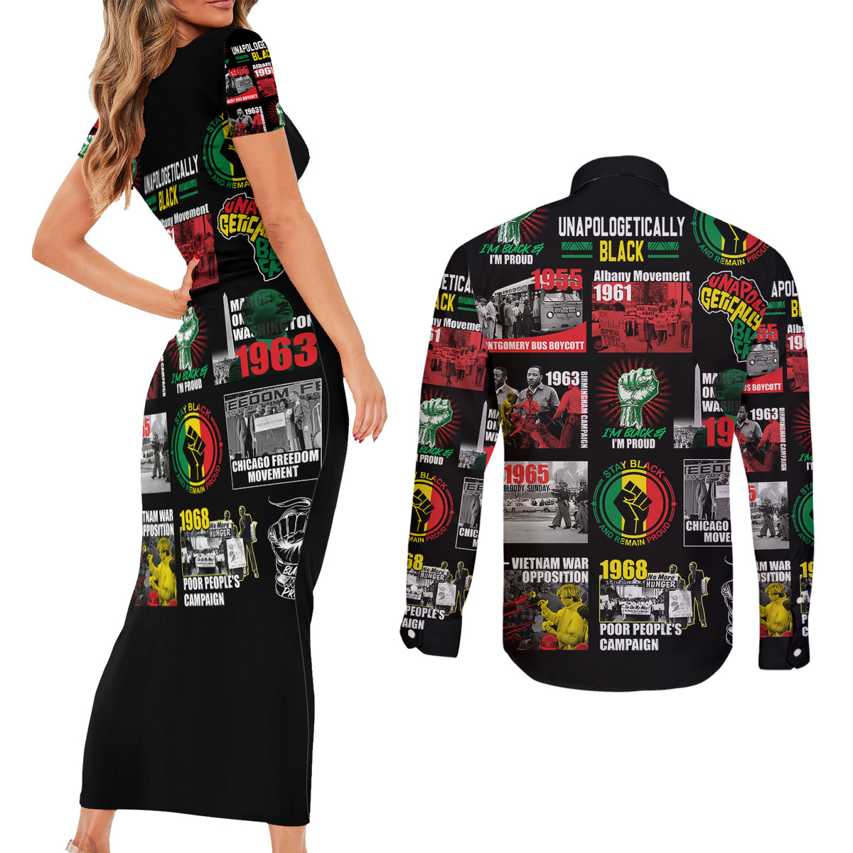 Civil Rights Movement Couples Matching Short Sleeve Bodycon Dress and Long Sleeve Button Shirts Poster Art Black Pride - Wonder Print Shop