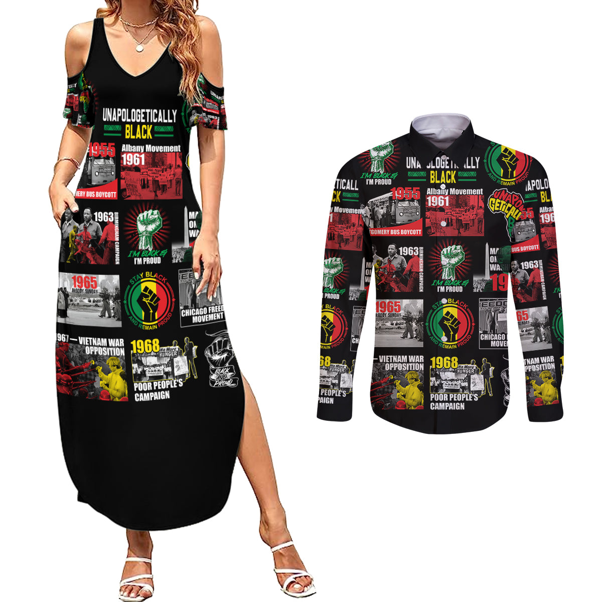 Civil Rights Movement Couples Matching Summer Maxi Dress and Long Sleeve Button Shirts Poster Art Black Pride - Wonder Print Shop