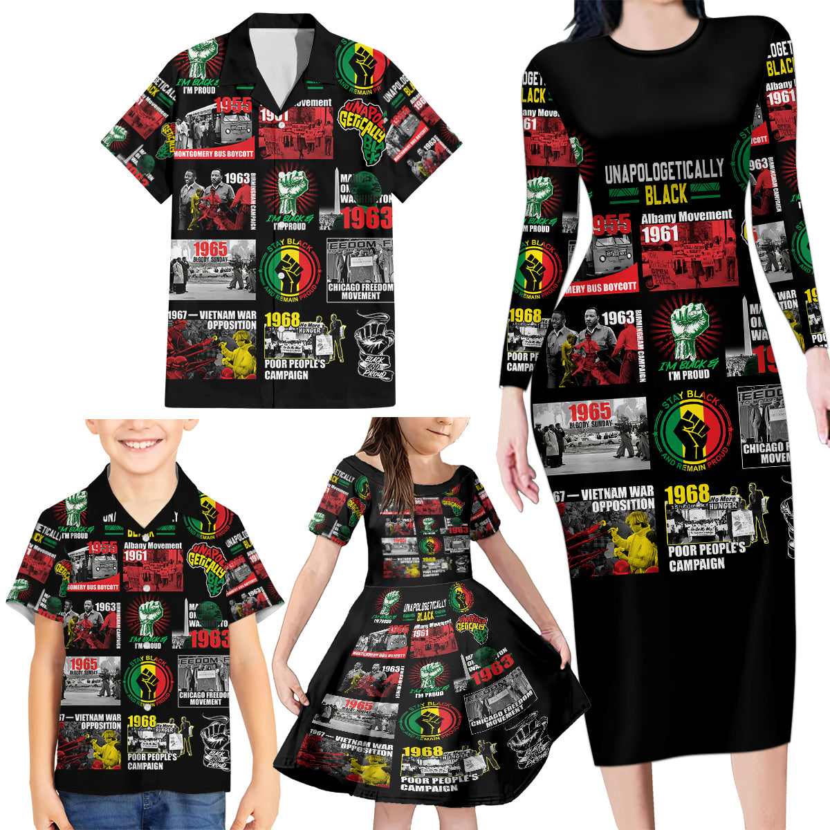 Civil Rights Movement Family Matching Long Sleeve Bodycon Dress and Hawaiian Shirt Poster Art Black Pride - Wonder Print Shop