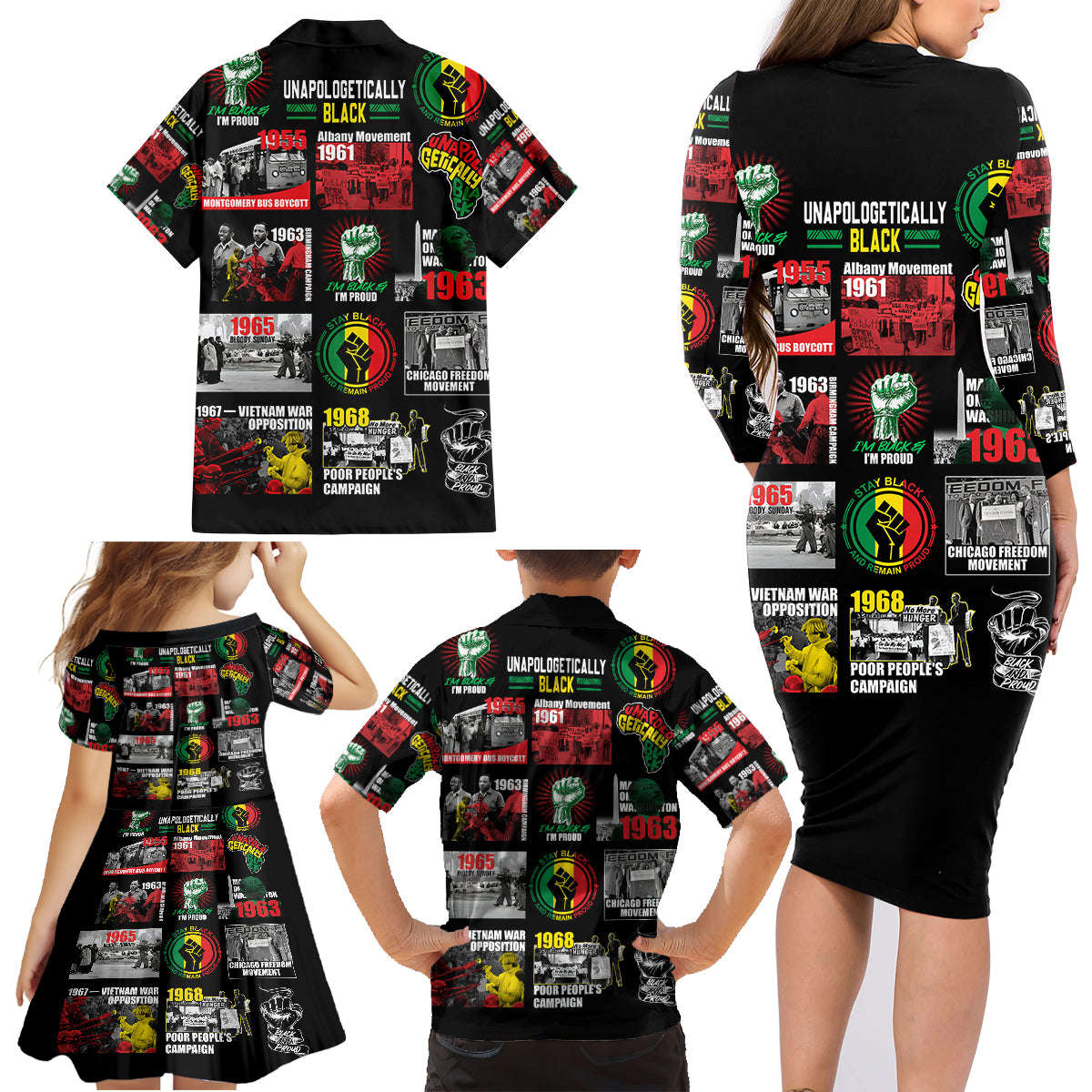 Civil Rights Movement Family Matching Long Sleeve Bodycon Dress and Hawaiian Shirt Poster Art Black Pride - Wonder Print Shop