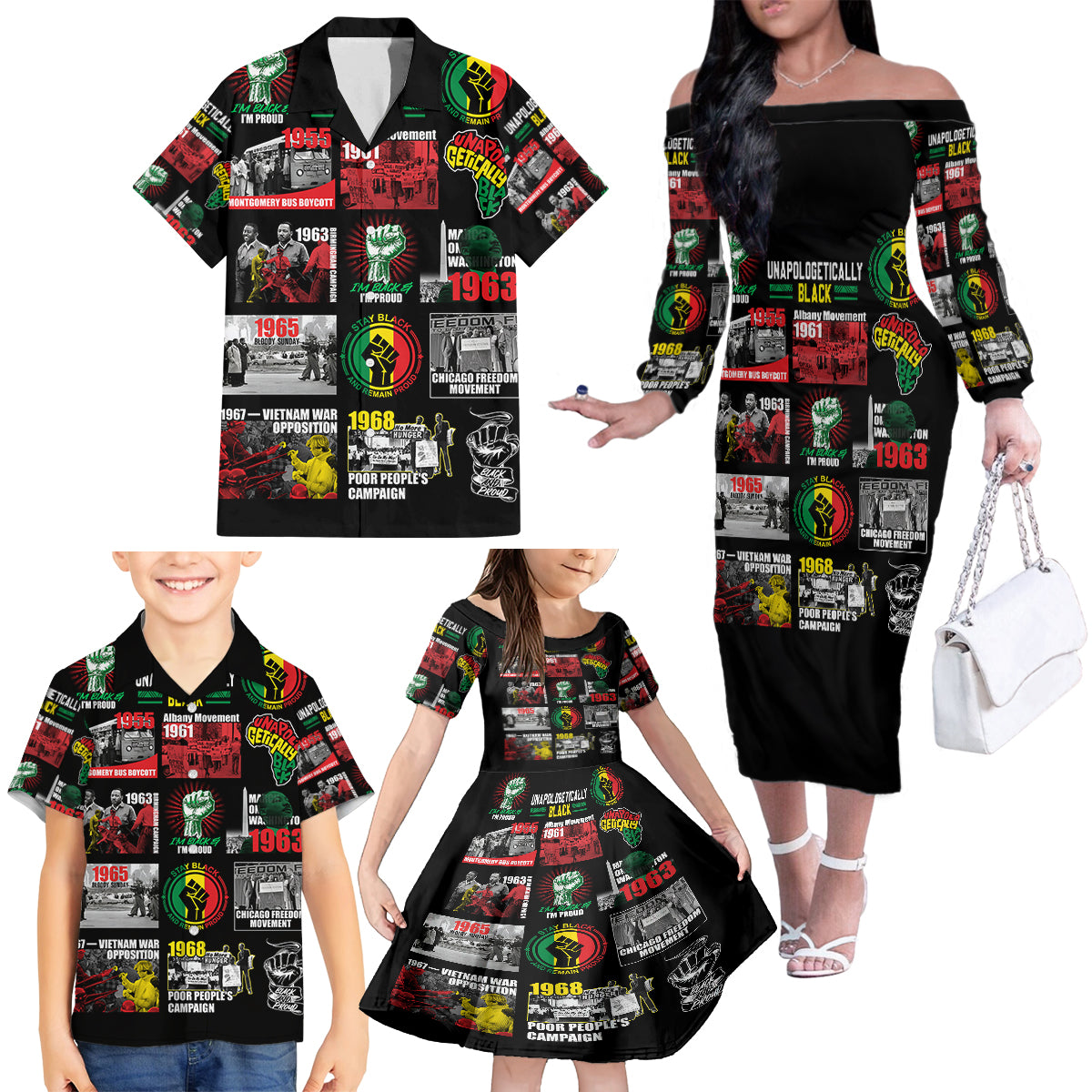 Civil Rights Movement Family Matching Off Shoulder Long Sleeve Dress and Hawaiian Shirt Poster Art Black Pride - Wonder Print Shop