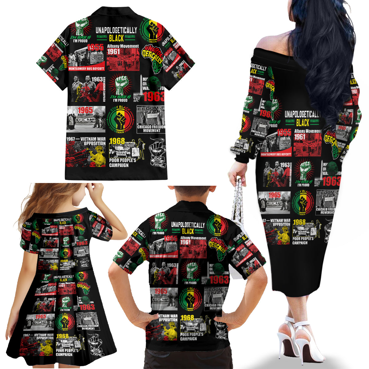 Civil Rights Movement Family Matching Off Shoulder Long Sleeve Dress and Hawaiian Shirt Poster Art Black Pride - Wonder Print Shop