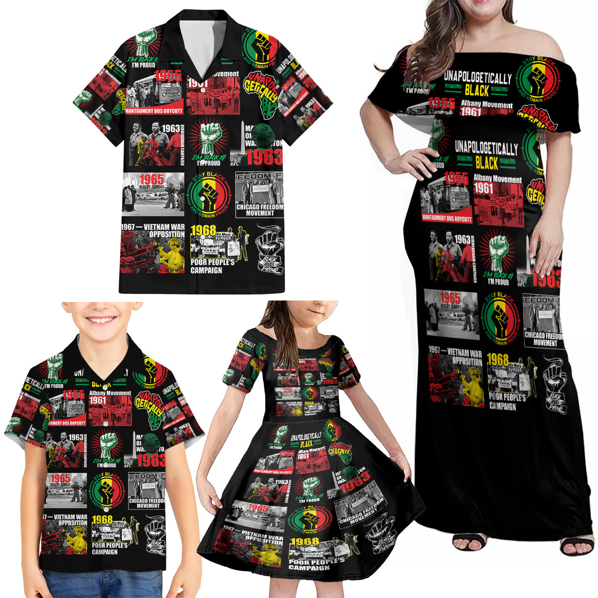 Civil Rights Movement Family Matching Off Shoulder Maxi Dress and Hawaiian Shirt Poster Art Black Pride - Wonder Print Shop