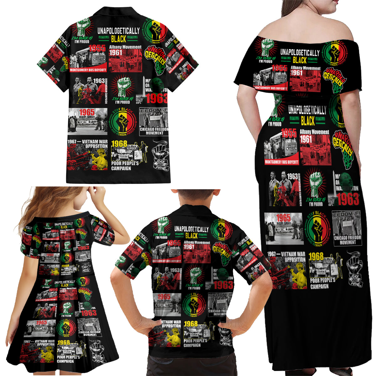 Civil Rights Movement Family Matching Off Shoulder Maxi Dress and Hawaiian Shirt Poster Art Black Pride - Wonder Print Shop