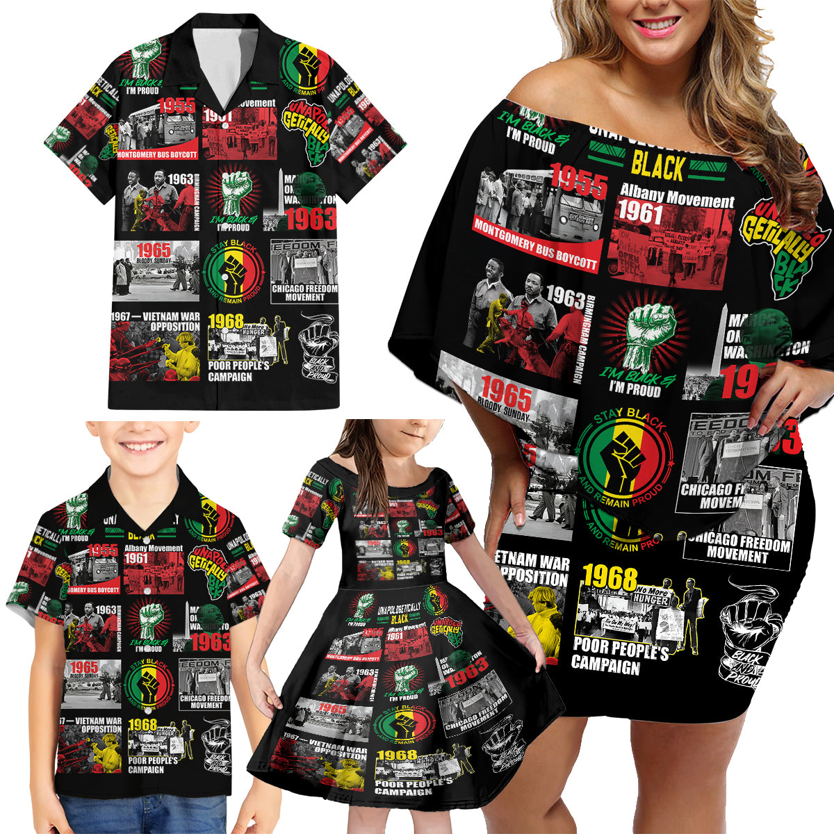 Civil Rights Movement Family Matching Off Shoulder Short Dress and Hawaiian Shirt Poster Art Black Pride - Wonder Print Shop