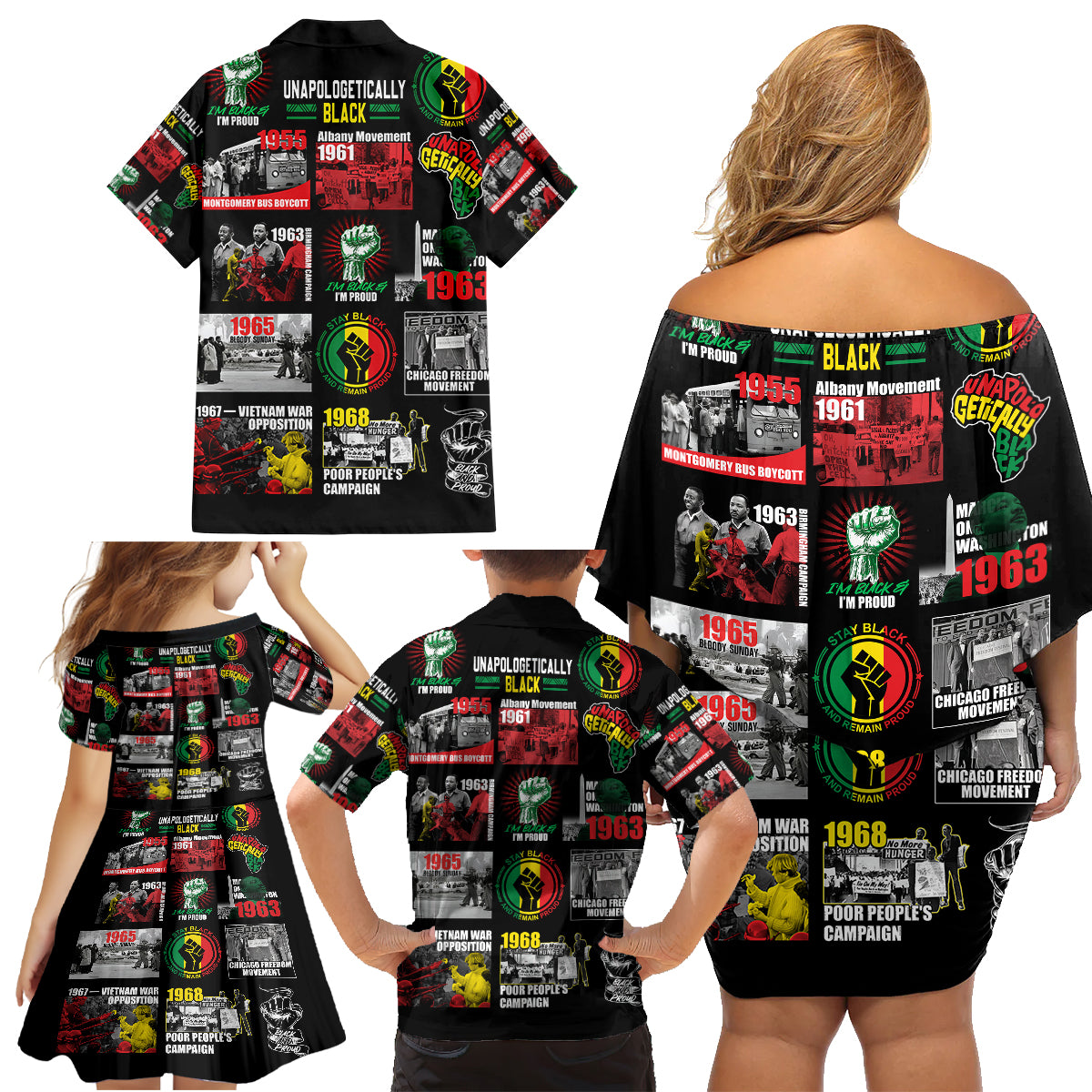Civil Rights Movement Family Matching Off Shoulder Short Dress and Hawaiian Shirt Poster Art Black Pride - Wonder Print Shop