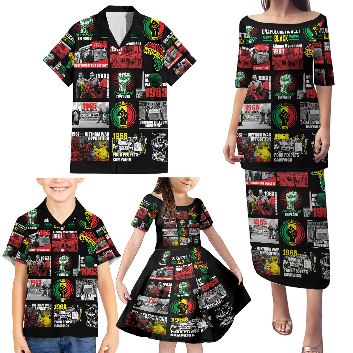 Civil Rights Movement Family Matching Puletasi Dress and Hawaiian Shirt Poster Art Black Pride - Wonder Print Shop