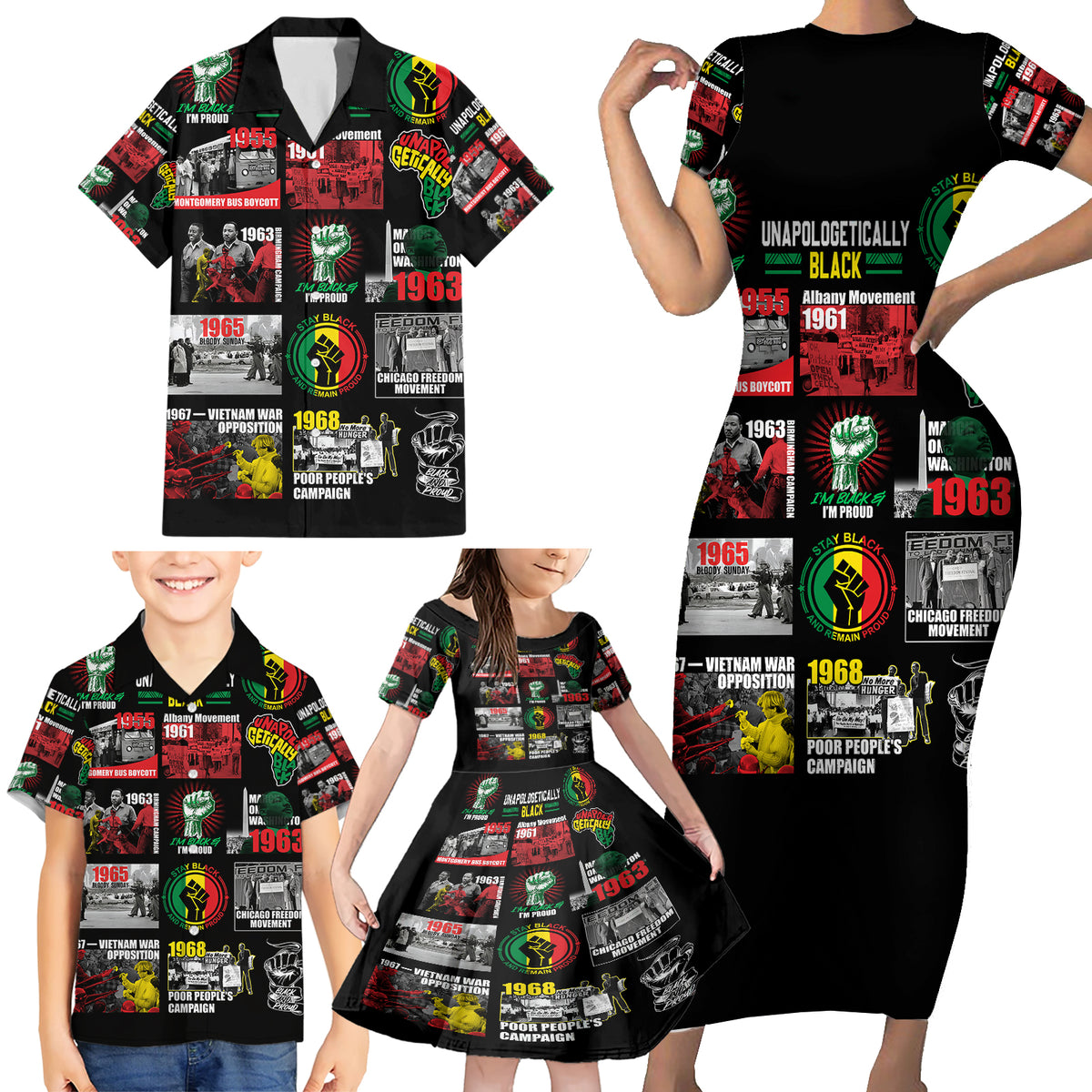Civil Rights Movement Family Matching Short Sleeve Bodycon Dress and Hawaiian Shirt Poster Art Black Pride - Wonder Print Shop
