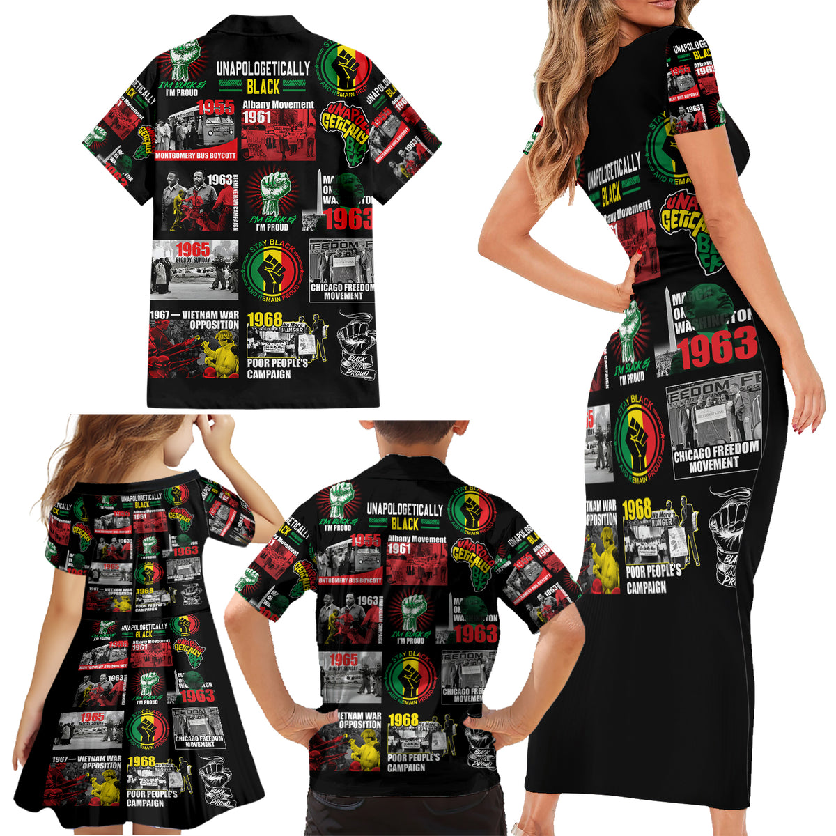 Civil Rights Movement Family Matching Short Sleeve Bodycon Dress and Hawaiian Shirt Poster Art Black Pride - Wonder Print Shop