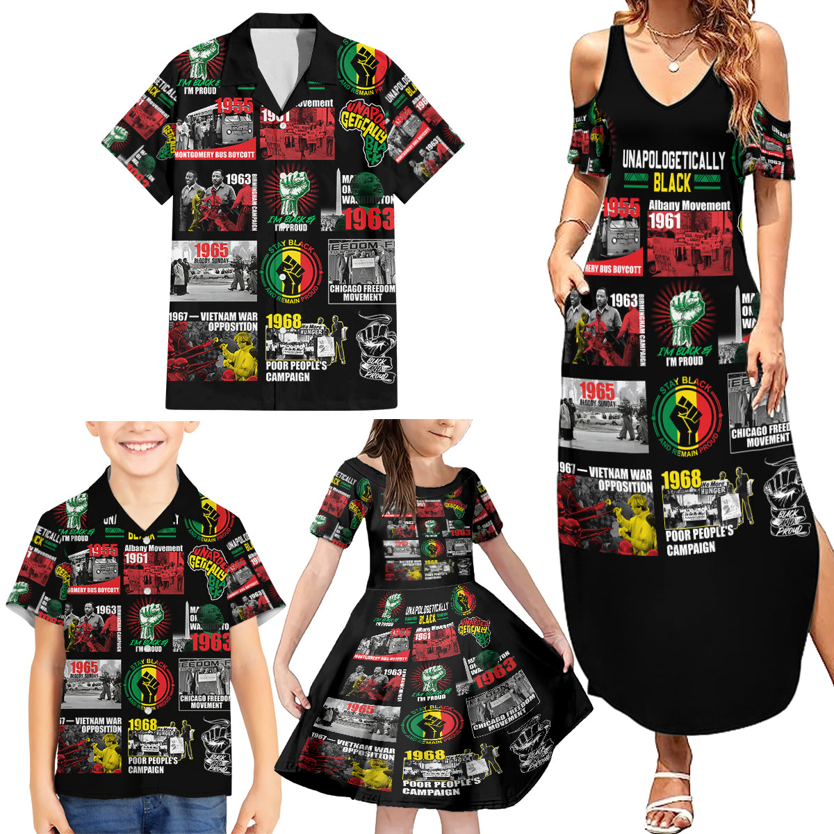 Civil Rights Movement Family Matching Summer Maxi Dress and Hawaiian Shirt Poster Art Black Pride - Wonder Print Shop