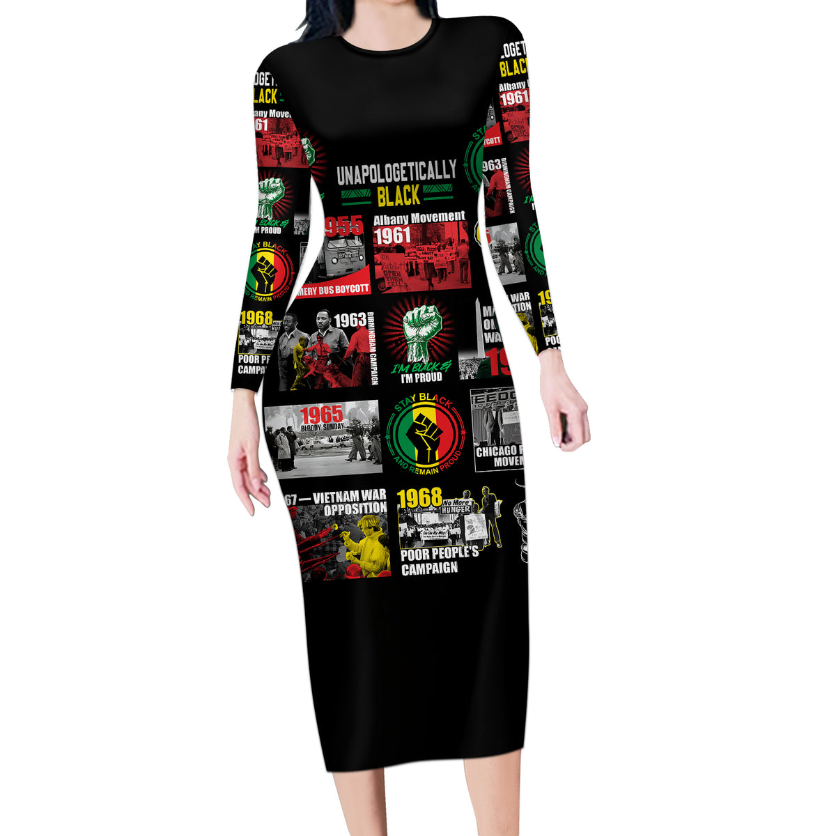 Civil Rights Movement Long Sleeve Bodycon Dress Poster Art Black Pride - Wonder Print Shop