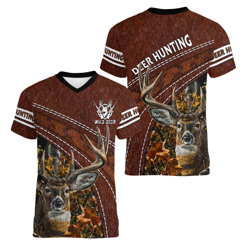 Deer Hunting Women V Neck T Shirt In The Forest Brown - Wonder Print Shop