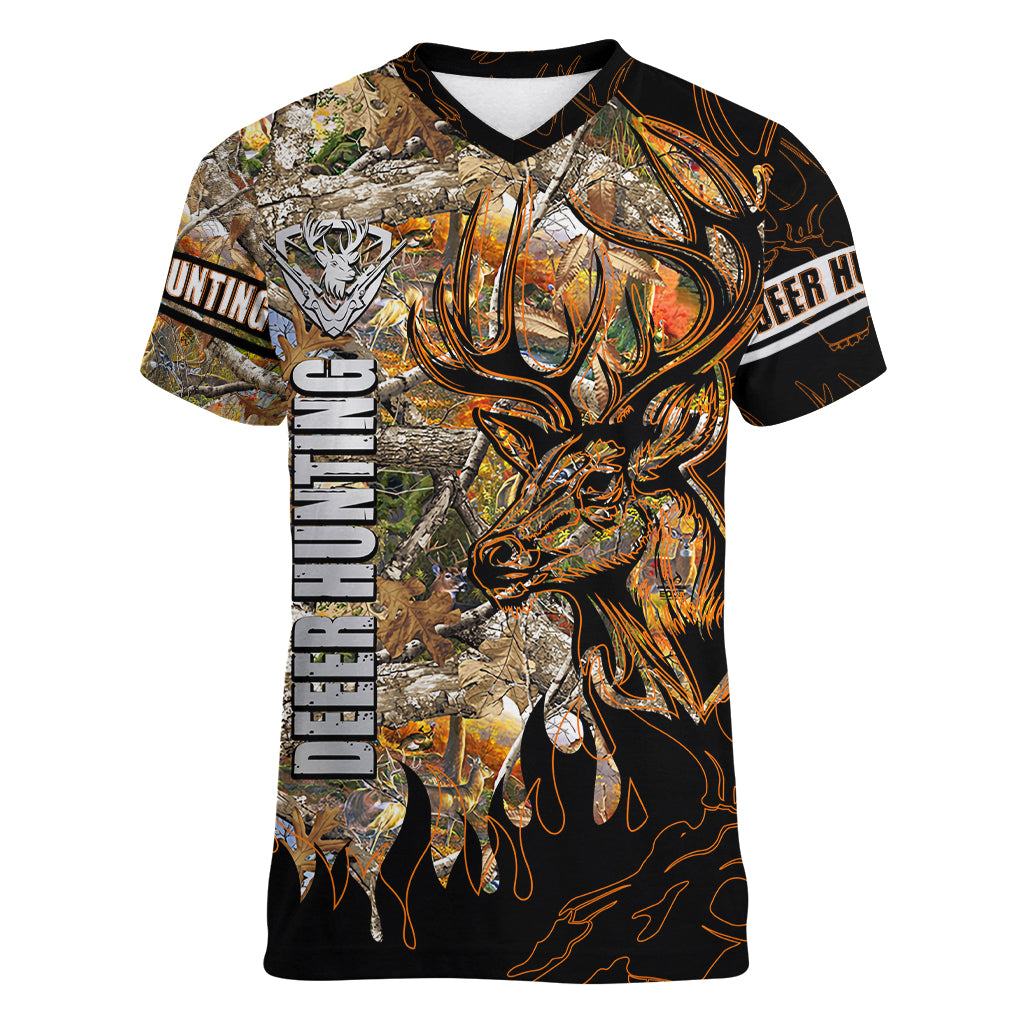Deer Hunting Women V Neck T Shirt Autumn Forest - Wonder Print Shop