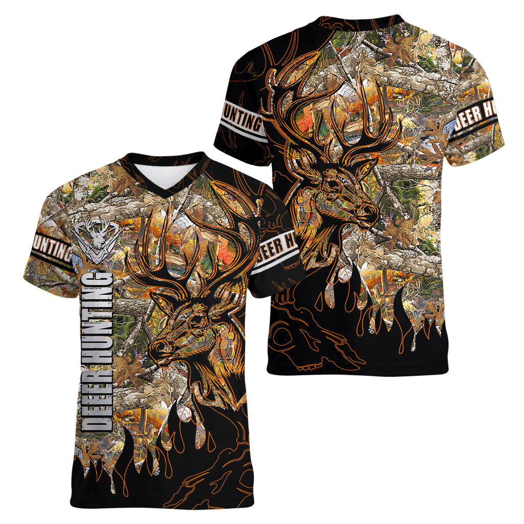 Deer Hunting Women V Neck T Shirt Autumn Forest - Wonder Print Shop