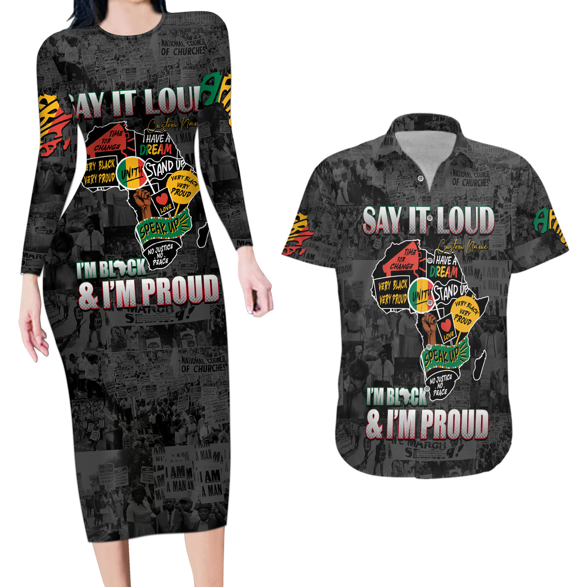 Personalized I'm Black and I'm Proud African Couples Matching Long Sleeve Bodycon Dress and Hawaiian Shirt - Wonder Print Shop