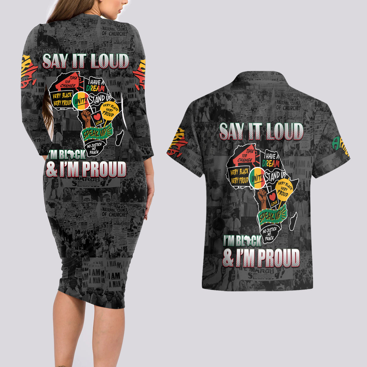 Personalized I'm Black and I'm Proud African Couples Matching Long Sleeve Bodycon Dress and Hawaiian Shirt - Wonder Print Shop