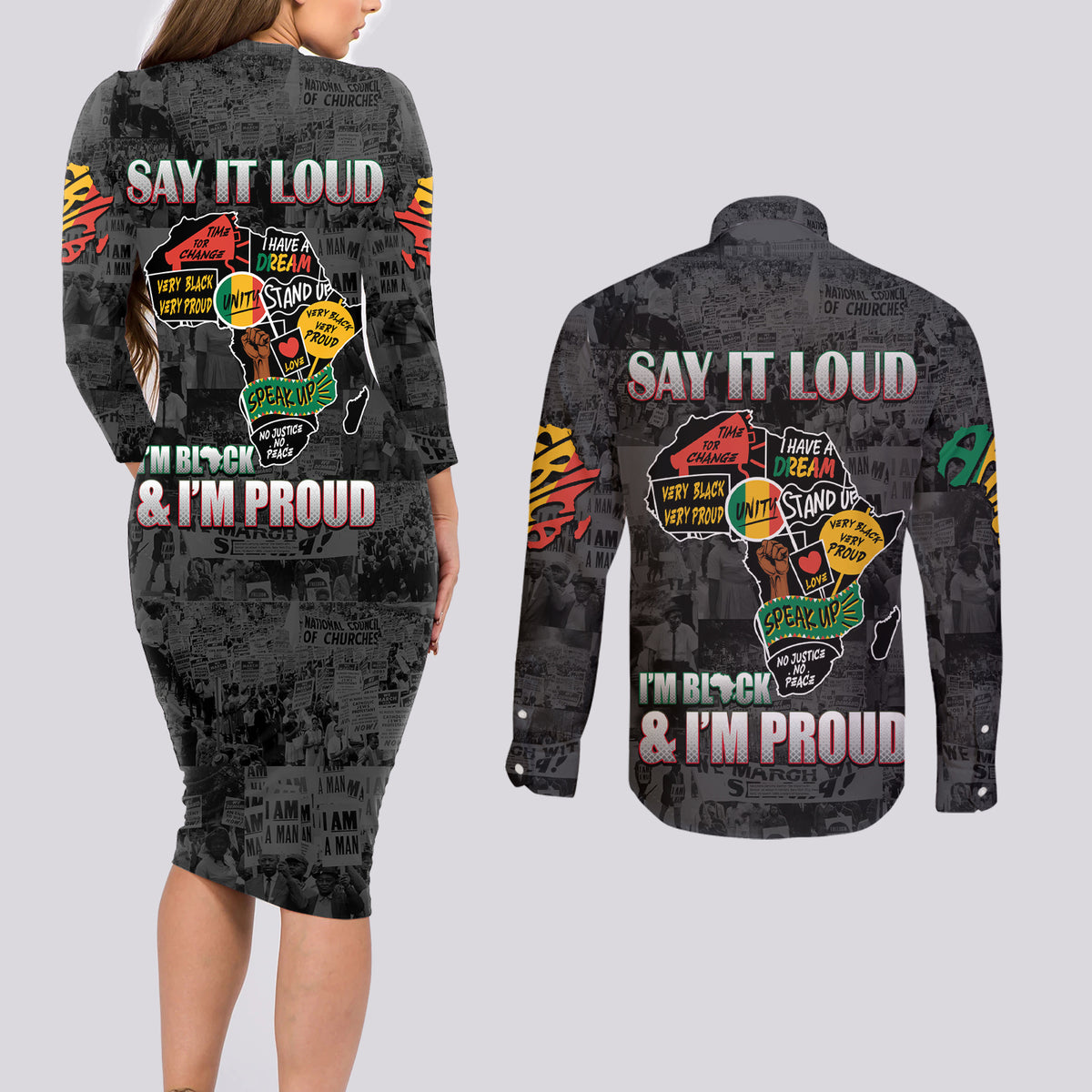 Personalized I'm Black and I'm Proud African Couples Matching Long Sleeve Bodycon Dress and Long Sleeve Button Shirt - Wonder Print Shop