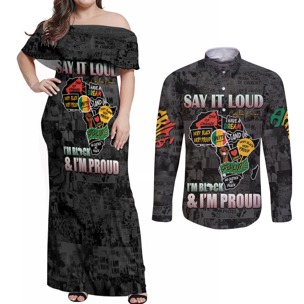 Personalized I'm Black and I'm Proud African Couples Matching Off Shoulder Maxi Dress and Long Sleeve Button Shirt - Wonder Print Shop