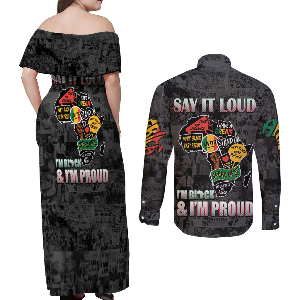 Personalized I'm Black and I'm Proud African Couples Matching Off Shoulder Maxi Dress and Long Sleeve Button Shirt - Wonder Print Shop