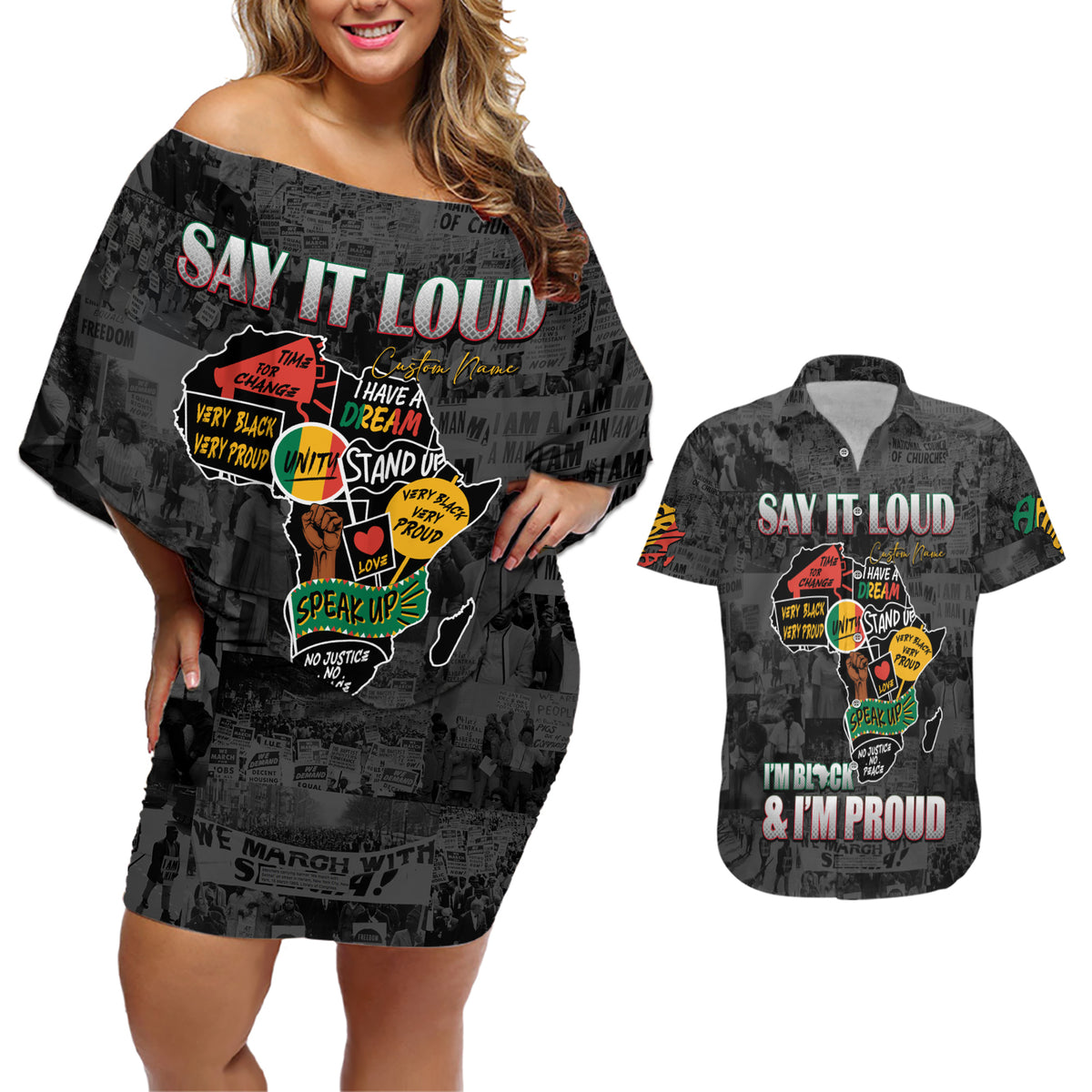 Personalized I'm Black and I'm Proud African Couples Matching Off Shoulder Short Dress and Hawaiian Shirt - Wonder Print Shop