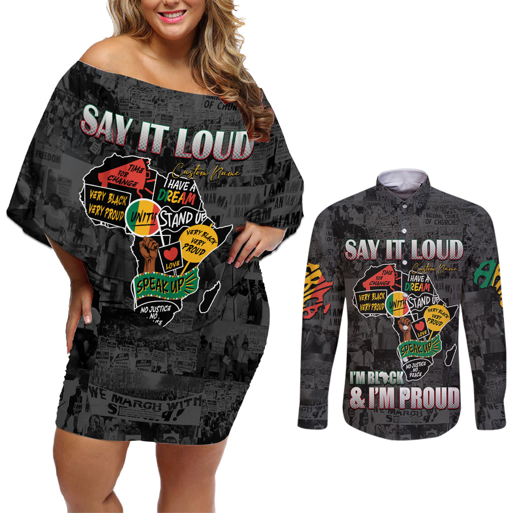 Personalized I'm Black and I'm Proud African Couples Matching Off Shoulder Short Dress and Long Sleeve Button Shirt - Wonder Print Shop