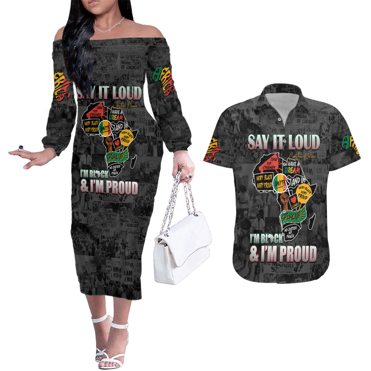 Personalized I'm Black and I'm Proud African Couples Matching Off The Shoulder Long Sleeve Dress and Hawaiian Shirt - Wonder Print Shop