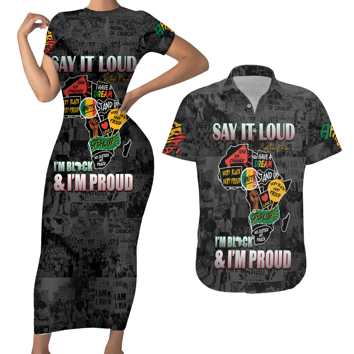 Personalized I'm Black and I'm Proud African Couples Matching Short Sleeve Bodycon Dress and Hawaiian Shirt - Wonder Print Shop