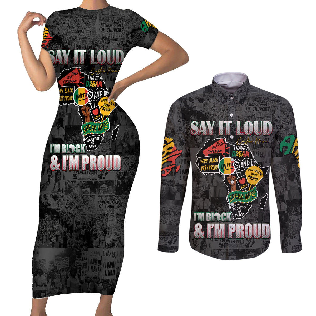 Personalized I'm Black and I'm Proud African Couples Matching Short Sleeve Bodycon Dress and Long Sleeve Button Shirt - Wonder Print Shop